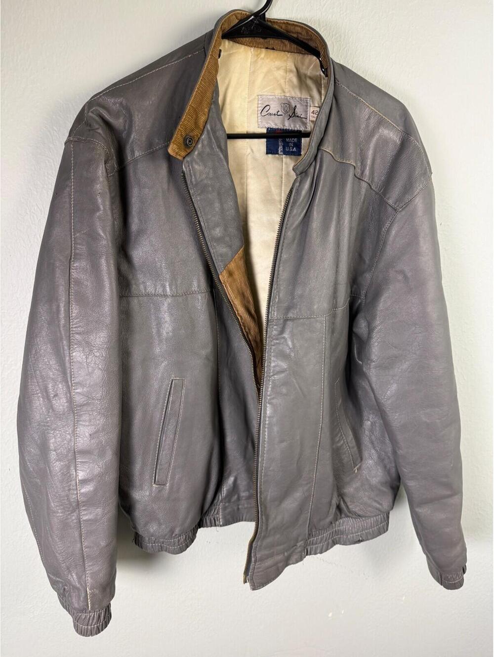 Vintage Count Sin Leather Bomber Jacket Gray USA Made Size 42 Tall